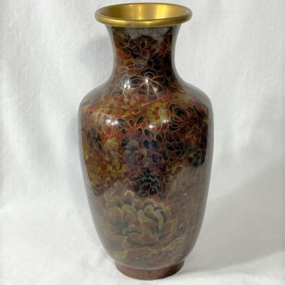 Very large Vintage Chinese brass and cloisonne vase in browns and rust - Picture 2 of 8